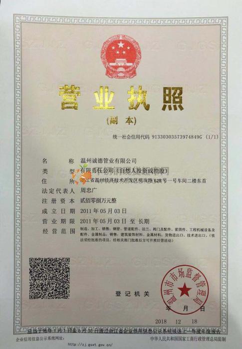 温州诚德管业有限公司营业执照