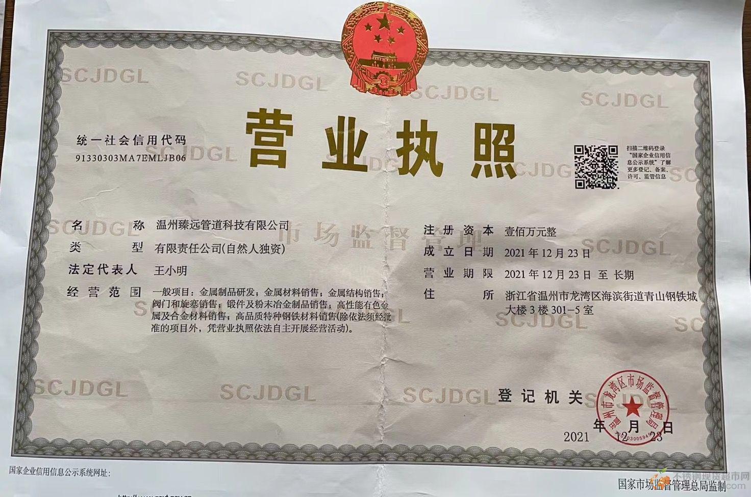 温州臻远管道科技有限公司营业执照