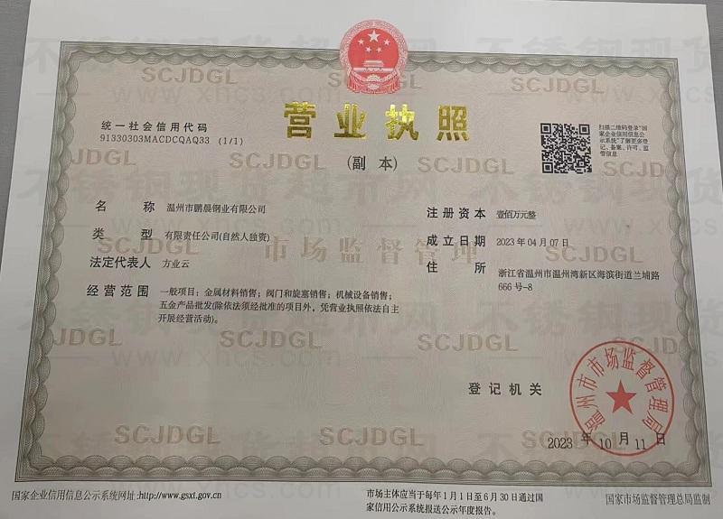 温州市鹏晨钢业有限公司营业执照