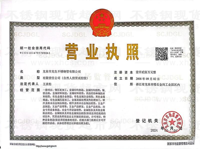 龙泉市龙生不锈钢管有限公司营业执照