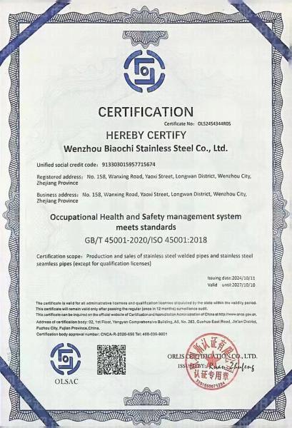温州市彪驰不锈钢有限公司,职业健康安全管理体系英文版