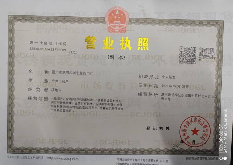 温州市龙湾沙城宏星阀门厂营业执照