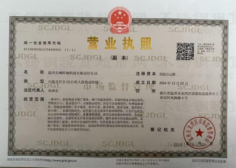 温州东嵊特钢科技有限责任公司营业执照